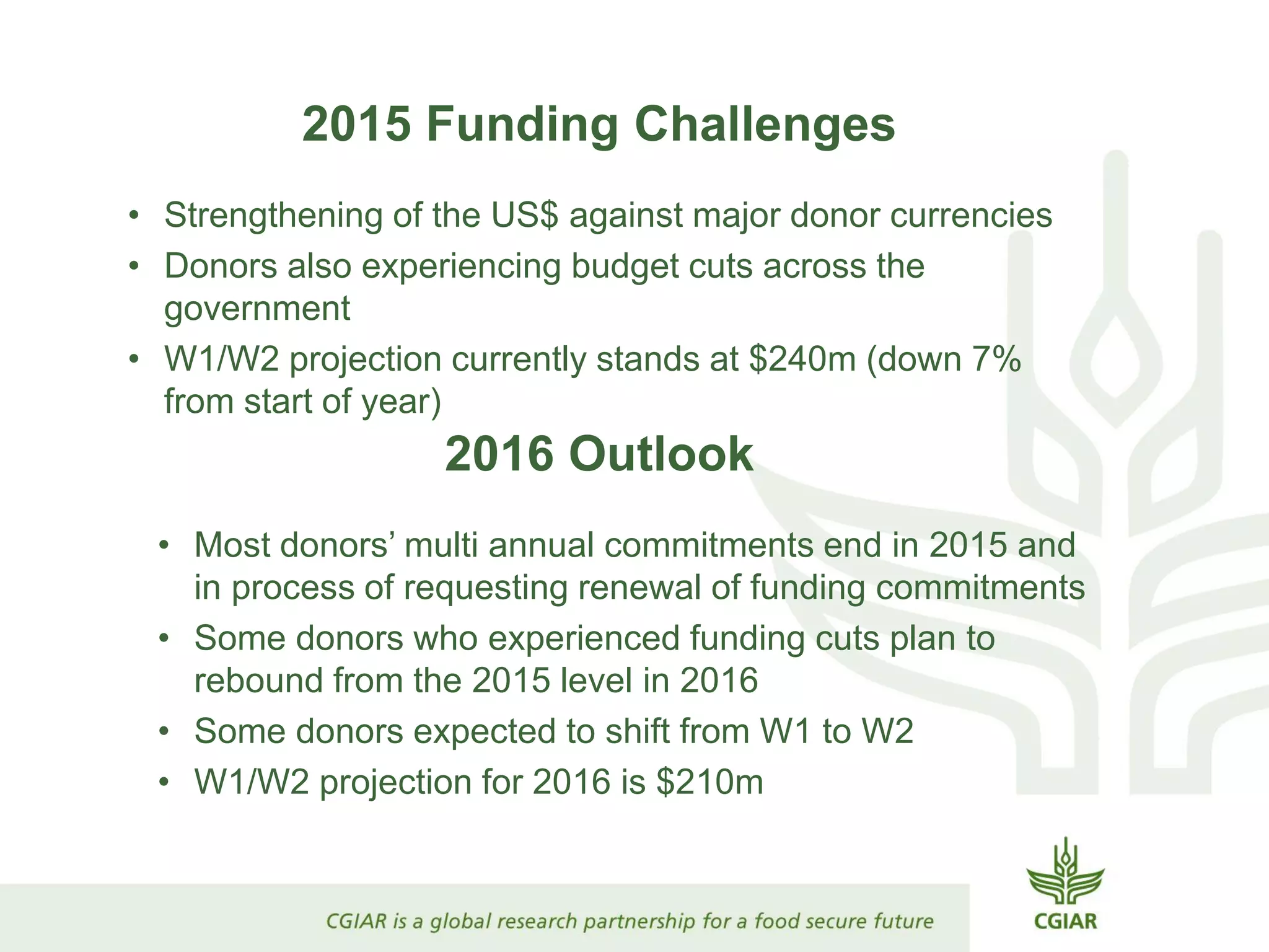 2015 Funding Challenges
• Strengthening of the US$ against major donor currencies
• Donors also experiencing budget cuts across the
government
• W1/W2 projection currently stands at $240m (down 7%
from start of year)
2016 Outlook
• Most donors’ multi annual commitments end in 2015 and
in process of requesting renewal of funding commitments
• Some donors who experienced funding cuts plan to
rebound from the 2015 level in 2016
• Some donors expected to shift from W1 to W2
• W1/W2 projection for 2016 is $210m
 