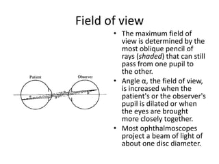 Field of view
• The maximum field of
view is determined by the
most oblique pencil of
rays (shaded) that can still
pass from one pupil to
the other.
• Angle α, the field of view,
is increased when the
patient's or the observer's
pupil is dilated or when
the eyes are brought
more closely together.
• Most ophthalmoscopes
project a beam of light of
about one disc diameter.

 