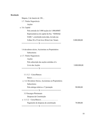 Resolução
Maputo, 2 de Janeiro de 198…
1.7. Títulos Negociáveis
Acções
a 5.6. Capital
Pela emissão de 3.000 acções de 1.000,00MT
Representativas do capital da Soc. “SISMAQ
SARL”, constituída nesta data, lavrada nas
Folhas 50 a 55 do livro 2B do Cart. Notari. 3.000.000,00
================ X ====================
1.6 devedores sócios, Accionistas ou Proprietários
Subscritores
a 1.7. Títulos Negociáveis
Acções
Pela subscrição das acções emitidas cf o
Livro das Acções 3.000.000,00
================ X ====================
1.1./1.2 – Caixa/Bancos
Banco………………………….
a 1.6. Devedores Sócios, Accionistas ou Proprietários
Subscritores
Pela entrega relativa a 1ª prestação 90.000,00
================ X ====================
3.5 Encargos Plurianuais
Despesas de Constituição
a 1.1/1.2 – Caixa/Bancos……………………….
Pagamento de despesas de constituição 78.000,00
================ X ====================
10
 