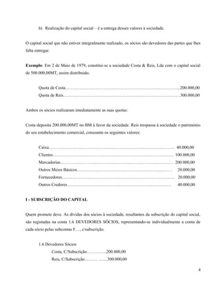 b) Realização do capital social – é a entrega desses valores à sociedade.
O capital social que não estiver integralmente realizado, os sócios são devedores das partes que lhes
falta entregar.
Exemplo: Em 2 de Maio de 1979, constitui-se a sociedade Costa & Reis, Lda com o capital social
de 500.000,00MT, assim distribuído.
Quota de Costa……………………………………………………………………..200.000,00
Quota de Reis………………………………………………………………………300.000,00
Ambos os sócios realizaram imediatamente as suas quotas:
Costa deposita 200.000,00MT no BM à favor da sociedade. Reis trespassa à sociedade o património
do seu estabelecimento comercial, consoante os seguintes valores:
Caixa…………………………………………………………………………… 40.000,00
Clientes………………………………………………………………………… 100.000,00
Mercadorias…………………………………………………………………… 200.000,00
Outros Meios Básicos………………………………………………………… 20.000,00
Fornecedores…………………………………………………………………… 20.000,00
Outros Credores……………………………………………………………… 40.000,00
I - SUBSCRIÇÃO DO CAPITAL
Quem promete deve. As dívidas dos sócios à sociedade, resultantes da subscrição do capital social,
são registadas na conta 1.6 DEVEDORES SÓCIOS, representando-se individualmente a conta de
cada sócio pelas subcontas F…, c/subscrição.
1.6 Devedores Sócios
Costa, C/Subscrição…………..200.000,00
Reis, C/Subscrição……… ……300.000,00
4
 