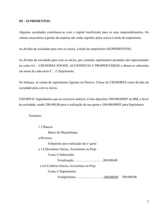 III – SUPRIMENTOS:
Algumas sociedades constituem-se com o capital insuficiente para os seus empreendimentos. Os
valores necessários à gestão da empresa são então supridos pelos sócios à titulo de empréstimo.
As dívidas da sociedade para com os sócios, à título de empréstimo (SUPRIMENTOS).
As dívidas da sociedade para com os sócios, por contados suprimentos prestados são representados
na conta 4.6 – CREDORES SÓCIOS, ACCIONISTAS E PROPRIETÁRIOS e abrem-se subcontas
em nome de cada sócio F… C/Suprimento.
No balanço, as contas de suprimentos figuram no Passivo, Classe de CREDORES como dívidas da
sociedade para com os sócios.
EXEMPLO: Suponhamos que no exercício anterior, Costa depositou 300.000,00MT no BM, a favor
da sociedade, sendo 200.000,00 para a realização da sua quota e 100.000,00MT para Suprimento.
Teríamos:
1.2 Bancos
Banco de Moçambique
a Diversos
S/depósito para realização da s/ quota
a 1.6 Devedores Sócios, Accionistas ou Prop
Costa, C/Subscrição
S/realização……………………….200.000,00
a 4.6 Credores Sócios, Accionistas ou Prop
Costa, C/Suprimentos
S/empréstimo…….…………….….100.000,00 300.000,00
7
 