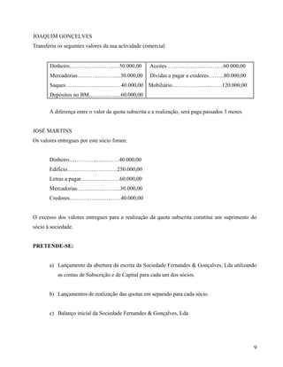 JOAQUIM GONÇELVES
Transferiu os seguintes valores da sua actividade comercial:
Dinheiro………………………50.000,00
Mercadorias…………………...30.000,00
Saques…………………………40.000,00
Depósitos no BM……………...60.000,00
Aceites………………………….60.000,00
Dívidas a pagar a credores……...80.000,00
Mobiliário………………………120.000,00
A diferença entre o valor da quota subscrita e a realização, será paga passados 3 meses.
JOSÉ MARTINS
Os valores entregues por este sócio foram:
Dinheiro………………………40.000,00
Edifício………………………250.000,00
Letras a pagar…………………60.000,00
Mercadorias…………………...30.000,00
Credores……………………….40.000,00
O excesso dos valores entregues para a realização da quota subscrita constitui um suprimento do
sócio à sociedade.
PRETENDE-SE:
a) Lançamento da abertura da escrita da Sociedade Fernandes & Gonçalves, Lda utilizando
as contas de Subscrição e de Capital para cada um dos sócios.
b) Lançamentos de realização das quotas em separado para cada sócio.
c) Balanço inicial da Sociedade Fernandes & Gonçalves, Lda
9
 