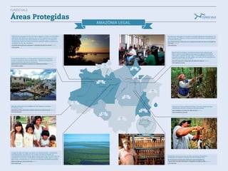 FUNDO VALE

Áreas Protegidas
                                                                                                                       AMAZÔNIA LEGAL


 RDS Uatumã, paisagem de fim de tarde na Reserva. O Plano de Uso Público,                                                                                                                                                   Reunião para formação do Conselho da Floresta Estadual do Trombetas,  na
 elaborado pelo Idesam em parceria com o CEUC, permite que os visitan-                                                                                                                                                      Casa de Cultura de Óbitos, no Pará, envolvendo lideranças e representantes
 tes possam desfrutar das oportunidades de visitação que a Unidade de                                                                                                                                                       de instituições locais.
 C
 ­ onservação oferece de forma sustentável, gerando renda e melhoria na                                                                                                                                                     3.3 A formação dos conselhos das florestas estaduais de Faro, do Trombetas
 qualidade de vida dos moradores.                                                                                                                                                                                           e do Paru | Pag 80
 3.1 Gestão participativa no Amazonas: a experiência na RDS do Uatumã | Pag 68                                                                                                                                              Foto: Imaflora
 Foto: Idesam



                                                                                                                                                                                                                                   Maria Francisca Ribeiro, moradora da Resex Verde para Sempre
                                                                                                                                                                                                                                   (PA), é uma das personagens principais do programa Florestabili-
                                                                                                                                                                                                                                   dade ­ obre o manejo do cipó-titica. O Florestabilidade começará a
                                                                                                                                                                                                                                          s
                                                                                                                                                                                                                                   ­ apacitar professores da rede pública de ensino de 52 municípios do
                                                                                                                                                                                                                                   c
Comunidade ribeirinha e as adaptações necessárias do cotidiano                                                                                                                                                                     Pará a partir de fevereiro de 2013.
d
­ urante a estação da cheia na Amazonia. - Reserva de Desenvolvi-                                                                                                                                                                  2.4 Florestabilidade: fomentando gestores de florestas | Pag 59
mento Sustentável Mamirauá, Amazonas.
                                                                                                                                                                                                                                   Foto: Haroldo Castro
4.2 Instrumentos econômicos e unidades de conservação no Brasil | Pag 103
Foto: Marcos Amend                                                                                                                   rr
                                                                                                                                                                                             ap




                                                                                                                                                 nco
                                                                                                                                             Bra
                                                                                                                                            Rio
                                                                                                                 Rio Negro



                                                                                                    Rio Japurá


                                                                                                                             am




                                                                                                                                                                                             Rio
                                                                                                                                                                         as




                                                                                                                                                                                              Xin
                                                                                                Rio Içá
                                                                                                                                                                     o




                                                                                                                                                                   n
                                                                                                                                                            Rio Amaz




                                                                                                                                                                                               gu
                                                                                                                             Rio Solimões




                                                                                                                                                            ra




                                                                                                                                                                                    s
                                                                                                                                                           ei




                                                                                                                                                                                   jó
                                                                                                                                                           ad




                                                                                                                                                                                   pa
                                                                                                                                     s
                                                                                                                                     ru
                                                                                                                                                                                                                   ma




                                                                                                                                                                               Ta
                                                                                                                                                       M
                                                                                                                                  Pu




                                                                                                                                                       o




                                                                                                                                                                              o
                                                                                                                                                  Ri




                                                                                                                                                                              Ri
                                                                                                                                 o
                                                                                                                                Ri
                                                                                        Rio Juruá
                                                                                                                                                                                        pa




                                                                                                                                                                                                            in s
                                                                                   ac




                                                                                                                                                                                                         ant
                                                                                                                                                                                                      Toc
                                                                                                                                                                                                                        n




                                                                                                                                                                                                     Rio
Meninas Yawanawa, Terra Indígena do Rio Gregório, município ­		                                                                                                                                                                    Extração do latex na Resex Rio Xingu, uma das cadeias de valor
de Tarauacá, Acre.                                                                                                                                                                                                                 t
                                                                                                                                                                                                                                   ­ rabalhadas pelo ISA no mosaico da Terra do Meio.
4.5 Indígenas e mercado de base florestal: desafios na cadeia de valor | Pag 123                                                                                                                    to                             2.3 A experiência das Resex na Terra do Meio | Pag 54
Foto: Beto Borges                                                                                                                                                                                                                  Foto: ISA/Marcelo Salazar
                                                                                                                                  ro

                                                                                                                                                                              mt
                                                                                                                                                                                                      ÁREA
                                                                                                                                                                                                    AMPLIADA




                                                                                                                                                                                                       BRASIL




A região do Baixo Rio Negro apresenta rica biodiversidade e considerável­
sociodiversidade, inseridas em um mosaico de áreas protegidas. As
c
­ omunidades localizadas nesta região, desenvolvem todo um saber-fazer na                                                                                                                                                   Extrativista com sua amostra de óleos, na Reserva Extrativista 		
convivência com os rios e os elementos da floresta, sendo a pesca, a caça, a                                                                                                                                                do Riozinho do Anfrísio no Mosaico da Terra do Meio-Pará.
agricultura, o extrativismo e o turismo as principais atividades produtivas.                                                                                                                                                4.6 Valorização da produção extrativista como instrumento de 		
3.5 Biodiversidade e áreas protegidas | Pag 91                                                                                                                                                                              consolidação de áreas protegidas: a experiência da Terra do Meio | Pag 129
Foto: Arquivo IPE                                                                                                                                                                                                           Foto: Imaflora
 