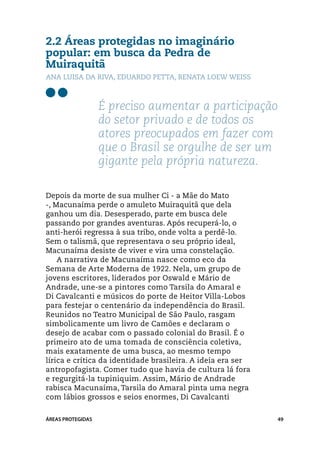 2.2 Áreas protegidas no imaginário
popular: em busca da Pedra de
Muiraquitã
Ana Luisa Da Riva, Eduardo Petta, Renata Loew Weiss



                   É preciso aumentar a participação
                   do setor privado e de todos os
                   atores preocupados em fazer com
                   que o Brasil se orgulhe de ser um
                   gigante pela própria natureza.

Depois da morte de sua mulher Ci - a Mãe do Mato
-, Macunaíma perde o amuleto Muiraquitã que dela
ganhou um dia. Desesperado, parte em busca dele
passando por grandes aventuras. Após recuperá-lo, o
anti-herói regressa à sua tribo, onde volta a perdê-lo.
Sem o talismã, que representava o seu próprio ideal,
Macunaíma desiste de viver e vira uma constelação.
    A narrativa de Macunaíma nasce como eco da
Semana de Arte Moderna de 1922. Nela, um grupo de
jovens escritores, liderados por Oswald e Mário de
Andrade, une-se a pintores como Tarsila do Amaral e
Di Cavalcanti e músicos do porte de Heitor Villa-Lobos
para festejar o centenário da independência do Brasil.
Reunidos no Teatro Municipal de São Paulo, rasgam
simbolicamente um livro de Camões e declaram o
desejo de acabar com o passado colonial do Brasil. É o
primeiro ato de uma tomada de consciência coletiva,
mais exatamente de uma busca, ao mesmo tempo
lírica e crítica da identidade brasileira. A ideia era ser
antropofagista. Comer tudo que havia de cultura lá fora
e regurgitá-la tupiniquim. Assim, Mário de Andrade
rabisca Macunaíma, Tarsila do Amaral pinta uma negra
com lábios grossos e seios enormes, Di Cavalcanti

ÁREAS PROTEGIDAS                                             49
 