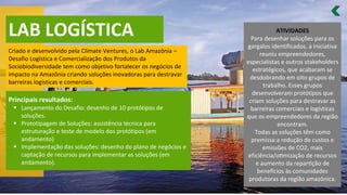 LAB LOGÍSTICA
Criado e desenvolvido pela Climate Ventures, o Lab Amazônia –
Desafio Logística e Comercialização dos Produtos da
Sociobiodiversidade tem como objetivo fortalecer os negócios de
impacto na Amazônia criando soluções inovadoras para destravar
barreiras logísticas e comerciais.
Principais resultados:
Lançamento do Desafio: desenho de
▪ 10 protótipos de
soluções.
Prototipagem de Soluções: assistência técnica para
▪
estruturação e teste de modelo dos protótipos (em
andamento)
Implementação das soluções: desenho do plano de negócios e
▪
captação de recursos para implementar as soluções (em
andamento).
ATIVIDADES
Para desenhar soluções para os
gargalos identificados, a iniciativa
reuniu empreendedores,
especialistas e outros stakeholders
estratégicos, que acabaram se
desdobrando em oito grupos de
trabalho. Esses grupos
desenvolveram protótipos que
criam soluções para destravar as
barreiras comerciais e logísticas
que os empreendedores da região
encontram.
Todas as soluções têm como
premissa a redução de custos e
emissões de CO2, mais
eficiência/otimização de recursos
e aumento da repartição de
benefícios às comunidades
produtoras da região amazônica.
 