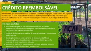 CRÉDITO REEMBOLSÁVEL
Por entender que o acesso à recursos financeiros e crédito é um gargalo para o avanço dos negócios
sustentáveis, o Fundo Vale vem trabalhando na modelagem de instrumentos financeiros que
atendam a diferentes fases e necessidades dos empreendimentos, numa lógica de Plataforma
Financeira.
Principais resultados:
Início da modelagem de um instrumento financeiro de crédito
▪
reembolsável para potencializar negócios com impacto socioambiental,
em parceria com a Kaeté Investimentos.
Definição do foco de apoio: cadeias de base agroflorestal e economia de
▪
baixo carbono.
Construção inicial de um mecanismo de financiamento híbrido
▪
(subordinação, garantias adicionais, retorno prioritário), que tenha
potencial de atrair investidores privados.
Reuniões de articulação com potenciais parceiros: Banpará, Banco da
▪
Amazônia (BASA), Banco do Brasil, entre outros.
 