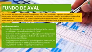 FUNDO DE AVAL
Por entender que o acesso à recursos financeiros e crédito é um gargalo para o avanço dos negócios
sustentáveis, o Fundo Vale vem trabalhando em parceria com o Instituto Conexões Sustentáveis (Conexsus) na
modelagem de um instrumentos de garantia, que permita ao pequeno produtor rural acessar linhas de
financiamento já existentes, a baixos juros, como o Pronaf (Programa Nacional da Agricultura Familiar).
Principais resultados:
Início da modelagem de um mecanismo de Aval que facilite o acesso
▪
ao crédito para a produção sustentável via Pronaf.
Reuniões de trabalho, alinhamento e articulação com outros
▪ parceiros
desta iniciativa: Fundação Banco do Brasil, Caixa Econômica Federal
(Fundo Socioambiental Caixa).
Avanço na proposta de criação da figura do agente de crédito rural, do
▪
fundo de recuperação de crédito (para inadimplentes) e de uma
CRA/LCA Verde com foco no agronegócio sustentável.
 