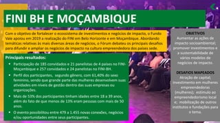 FINI BH E MOÇAMBIQUE
Com o objetivo de fortalecer o ecossistema de investimentos e negócios de impacto, o Fundo
Vale apoiou em 2019 a realização do FINI em Belo Horizonte e em Moçambique. Abordando
temáticas relativas às mais diversas áreas de negócios, o Fórum debateu os principais desafios
para difundir e ampliar os negócios de impacto na cultura empreendedora dos países sede.
Principais resultados:
Participação de
▪ 185 convidados e 21 panelistas de 4 países no FINI-
Moçambique e 257 convidados e 24 panelistas no FINI-BH.
Perfil dos participantes, segundo gênero, com
▪ 61,40% do sexo
feminino, sendo que grande parte das mulheres desenvolvem suas
atividades em níveis de gestão dentro das suas empresas ou
organizações.
Mais de
▪ 53% dos participantes tinham idades entre 18 a 39 anos,
além do fato de que menos de 13% eram pessoas com mais de 50
anos.
O evento possibilitou entre
▪ 479 a 1.455 novas conexões, negócios
e/ou oportunidades entre seus participantes.
OBJETIVOS
Aumentar as ações de
impacto socioambiental;
promover investimentos e
a sustentabilidade de
vários modelos de
negócios de impacto.
DESAFIOS MAPEADOS
Atração de capital;
investimento em mulheres
empreendedoras
(mulheres); estímulo ao
empreendedorismo local
e; mobilização de outros
institutos e fundações para
o tema.
 
