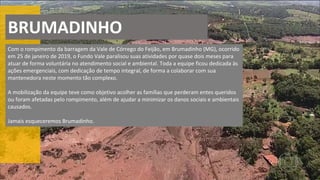 BRUMADINHO
Com o rompimento da barragem da Vale de Córrego do Feijão, em Brumadinho (MG), ocorrido
em 25 de janeiro de 2019, o Fundo Vale paralisou suas atividades por quase dois meses para
atuar de forma voluntária no atendimento social e ambiental. Toda a equipe ficou dedicada às
ações emergenciais, com dedicação de tempo integral, de forma a colaborar com sua
mantenedora neste momento tão complexo.
A mobilização da equipe teve como objetivo acolher as famílias que perderam entes queridos
ou foram afetadas pelo rompimento, além de ajudar a minimizar os danos sociais e ambientais
causados.
Jamais esqueceremos Brumadinho.
 