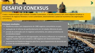 DESAFIO CONEXSUS
Criado e implementado pelo Instituto Conexões Sustentáveis, o Desafio Conexsus tem como objetivo fortalecer o
ecossistema de negócios florestais e rurais sustentáveis, desenvolvendo o potencial econômico das organizações
comunitárias.
Principais resultados:
Plataforma online com mapeamento de
▪ 1080 negócios comunitários no país;
realização de
▪ 12 oficinas de aprofundamento em 10 cidades diferente do país;
jornada de aceleração com
▪ 21 negócios comunitários, de cadeias produtivas da
sociobiodiversidade;
▪ modelagem de negócios em 30 organizações, de forma a influenciar no modelo de
negócios; market Lab com curadoria a 100 negócios (em desenvolvimento);
▪ lançamento da Plataforma Negócios pela Terra, para mapeamento da demanda por
produtos da sociobiodiversidade.
 