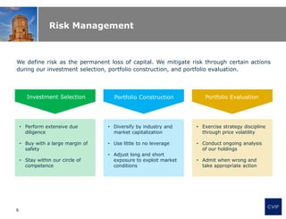 Risk Management
CVIF
6
We define risk as the permanent loss of capital. We mitigate risk through certain actions
during our investment selection, portfolio construction, and portfolio evaluation.
• Perform extensive due
diligence
• Buy with a large margin of
safety
• Stay within our circle of
competence
• Diversify by industry and
market capitalization
• Use little to no leverage
• Adjust long and short
exposure to exploit market
conditions
• Exercise strategy discipline
through price volatility
• Conduct ongoing analysis
of our holdings
• Admit when wrong and
take appropriate action
Investment Selection Portfolio Construction Portfolio Evaluation
 