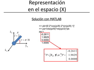 Representación en el espacio (X) Solución con MATLAB>> pb=[0 2*cos(pi/8) 2*sin(pi/8) 1]‘>> pa=rotz(pi/6)*roty(pi/2)*pbpa =-0.2611    1.9829    0.0000    1.0000
