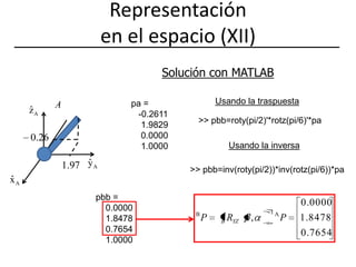 Representación en el espacio (XII) Solución con MATLABUsando la traspuestapa=-0.2611    1.9829    0.00001.0000>> pbb=roty(pi/2)'*rotz(pi/6)'*paUsando la inversa>> pbb=inv(roty(pi/2))*inv(rotz(pi/6))*papbb=    0.0000    1.8478    0.7654    1.0000