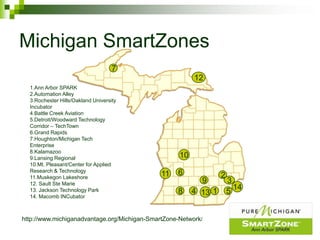 Michigan SmartZones
                                    7
                                                         12
  1.Ann Arbor SPARK
  2.Automation Alley
  3.Rochester Hills/Oakland University
  Incubator
  4.Battle Creek Aviation
  5.Detroit/Woodward Technology
  Corridor – TechTown
  6.Grand Rapids
  7.Houghton/Michigan Tech
  Enterprise
  8.Kalamazoo
  9.Lansing Regional                                10
  10.Mt. Pleasant/Center for Applied
  Research & Technology                            6
  11.Muskegon Lakeshore
                                              11                  2
  12. Sault Ste Marie                                      9          3
                                                                        14
  13. Jackson Technology Park                      8     4 13 1       5
  14. Macomb INCubator



http://www.michiganadvantage.org/Michigan-SmartZone-Network/
 