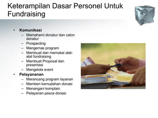Keterampilan Dasar Personel Untuk Fundraising Komunikasi Memahami donatur dan calon donatur Prospecting Mengemas program Membuat dan memakai alat-alat fundraising Membuat Proposal dan presentasi Mengelola event Pelayananan Merancang program layanan  Memberi kemudahan donasi Menangani komplain Pelayanan pasca donasi 