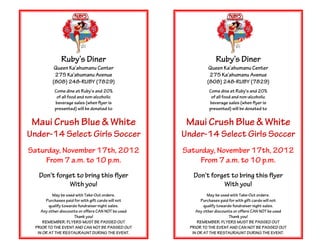 Maui Crush Blue & White UNder-14 Girls Select Soccer Fundrasier Flyer