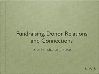 Fundraising, Donor Relations
     and Connections
      Four Fundraising Steps



                               6.9.10
 
