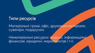 Матеріальні: гроші, офіс, друковані матеріали,
сувеніри, подарунки;
Нематеріальні ресурси: людські, інформаційні,
фінансові, юридичні, маркетингові і т.п.
Типи ресурсів
 