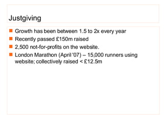 Justgiving Growth has been between 1.5 to 2x every year Rece ntly passed £150m raised 2,500 not-for-profits on the website. London Marathon (April '07) – 15,000 runners using website; collectively raised < £12.5m 