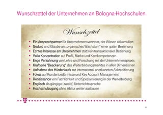 Wunschzettel der Unternehmen an Bologna-Hochschulen.



       Ein Ansprechpartner für Unternehmensvertreter, der Wissen akkumuliert
       Geduld und Glaube an „organisches Wachstum“ einer guten Beziehung
       Echtes Interesse am Unternehmen statt rein transaktionaler Beziehung
       Volle Konzentration auf Profil, Marke und Kernkompetenzen
       Enge Verzahnung von Lehre und Forschung mit der Unternehmenspraxis
       Kraftvolle “Beackerung” des Weiterbildungsmarktes in allen Dimensionen
       Aufnahme des Hürdenlaufs zur international anerkannten Akkreditierung
       Fokus auf Kundenbedürfnisse und Key Account Management
       Renaissance von Fachlichkeit und Spezialisierung in der Weiterbildung
       Englisch als gängige (zweite) Unterrichtssprache
       Hochschulzugang ohne Abitur weiter ausbauen


                                                                                 22

                                                                                  38
 