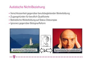 Autistische Nicht-Beziehung
 Verschlossenheit gegenüber berufsbegleitender Weiterbildung
 Zugangshürden für beruflich Qualifizierte
 Betriebliche Weiterbildung auf Status Osteuropas
 Ignoranz gegenüber Bologna-Reform




    akademischer Elfenbeinturm                Egozentrische Betriebsblindheit
 