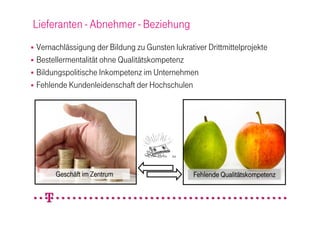 Lieferanten - Abnehmer - Beziehung
 Vernachlässigung der Bildung zu Gunsten lukrativer Drittmittelprojekte
 Bestellermentalität ohne Qualitätskompetenz
 Bildungspolitische Inkompetenz im Unternehmen
 Fehlende Kundenleidenschaft der Hochschulen




       Geschäft im Zentrum                       Fehlende Qualitätskompetenz
 