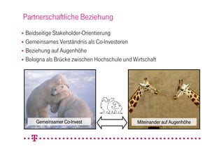 Partnerschaftliche Beziehung
 Beidseitige Stakeholder-Orientierung
 Gemeinsames Verständnis als Co-Investoren
 Beziehung auf Augenhöhe
 Bologna als Brücke zwischen Hochschule und Wirtschaft




      Gemeinsamer Co-Invest                    Miteinander auf Augenhöhe
 