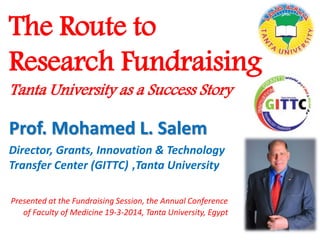 Prof. Mohamed L. Salem
Director, Grants, Innovation & Technology
Transfer Center (GITTC) ,Tanta University
The Route to
Research Fundraising
Tanta University as a Success Story
Presented at the Fundraising Session, the Annual Conference
of Faculty of Medicine 19-3-2014, Tanta University, Egypt
 