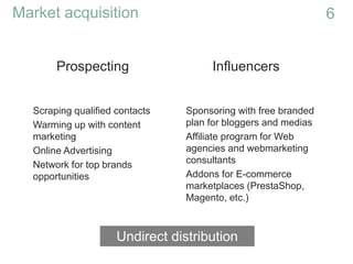 Prospecting
6Market acquisition
Scraping qualified contacts
Warming up with content
marketing
Online Advertising
Network for top brands
opportunities
Influencers
Sponsoring with free branded
plan for bloggers and medias
Affiliate program for Web
agencies and webmarketing
consultants
Addons for E-commerce
marketplaces (PrestaShop,
Magento, etc.)
Undirect distribution