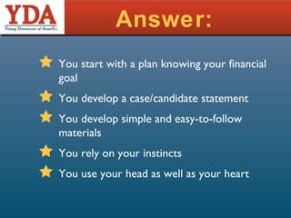 Answer: You start with a plan knowing your financial goal  You develop a case/candidate statement You develop simple and easy-to-follow materials You rely on your instincts You use your head as well as your heart 