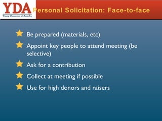Personal Solicitation: Face-to-face Be prepared (materials, etc) Appoint key people to attend meeting (be selective) Ask for a contribution Collect at meeting if possible Use for high donors and raisers 