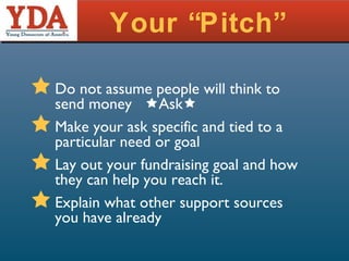 Your “Pitch” Do not assume people will think to send money   Ask  Make your ask specific and tied to a particular need or goal Lay out your fundraising goal and how they can help you reach it. Explain what other support sources you have already 