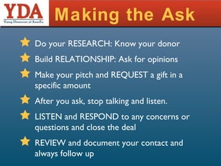 Making the Ask Do your RESEARCH: Know your donor Build RELATIONSHIP: Ask for opinions Make your pitch and REQUEST a gift in a specific amount After you ask, stop talking and listen. LISTEN and RESPOND to any concerns or questions and close the deal REVIEW and document your contact and always follow up 