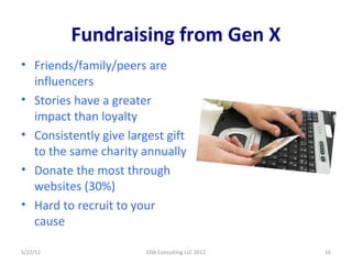 Fundraising from Gen X
• Friends/family/peers are
  influencers
• Stories have a greater
  impact than loyalty
• Consisten...
