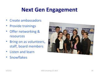 Next Gen Engagement
• Create ambassadors
• Provide trainings
• Offer networking &
  resources
• Bring on as volunteers,
  ...