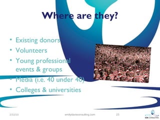 Where are they?

• Existing donors
• Volunteers
• Young professional
  events & groups
• Media (i.e. 40 under 40)
• Colleges & universities


2/12/13            emilydavisconsulting.com   23
 