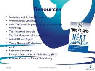 Resources
•   Fundraising and the Next Generation
•   Working Across Generations
•   Next Gen Donors: Respecting Legacy, Revolutionizing
    Philanthropy
•   The Networked Nonprofit
•   The Next Generation of American Giving
•   Millenial Donors Report
•   Young Nonprofit Professionals Network (YNPN)
•   21/64
•   Resource Generation
•   Emerging Practitioners in Philanthropy (EPIP)
•   National Center for Family Philanthropy


2/12/13                         emilydavisconsulting.com   34
 