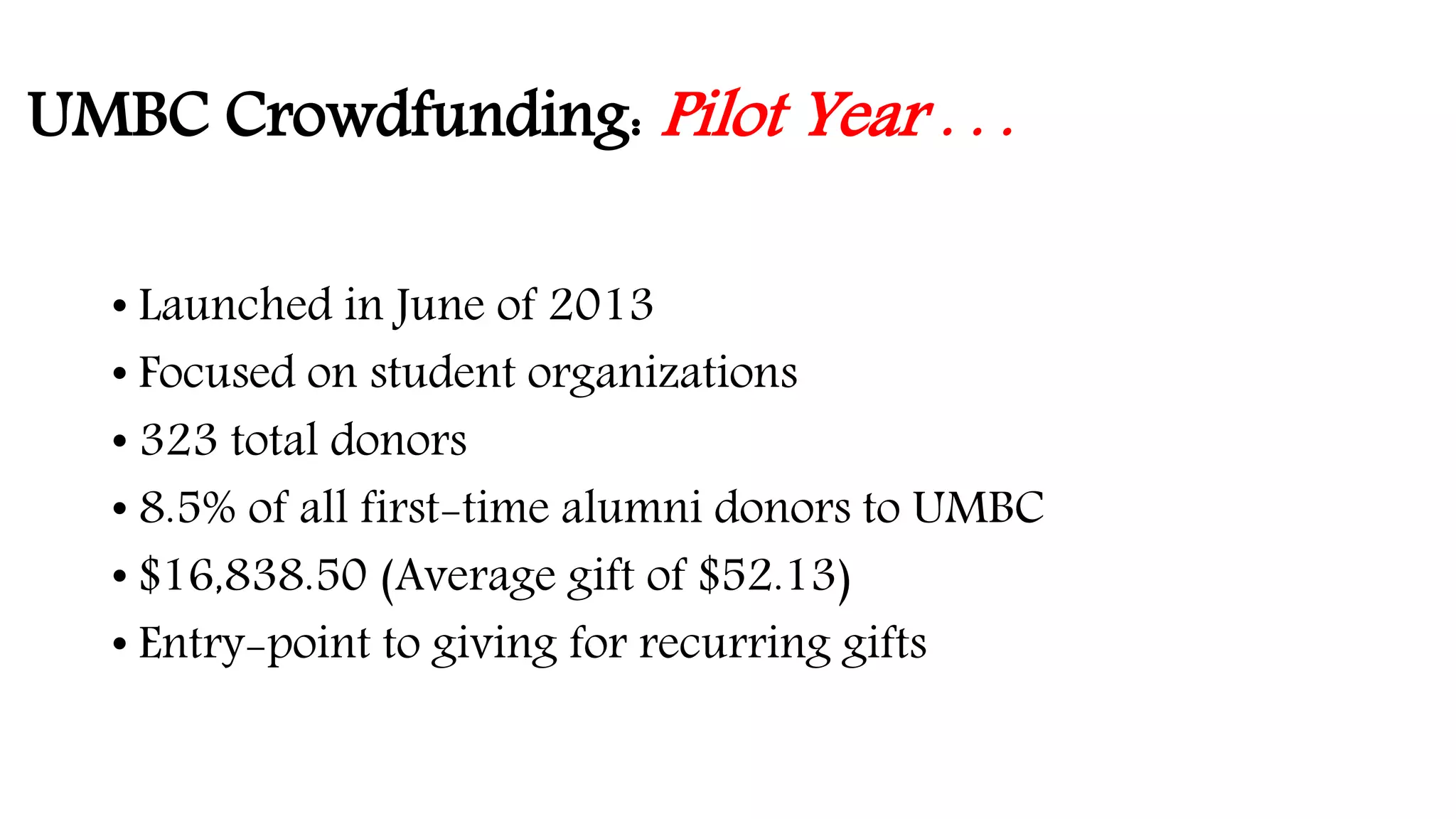 UMBC Crowdfunding: Pilot Year . . . 
• Launched in June of 2013 
• Focused on student organizations 
• 323 total donors 
• 8.5% of all first-time alumni donors to UMBC 
• $16,838.50 (Average gift of $52.13) 
• Entry-point to giving for recurring gifts 
 