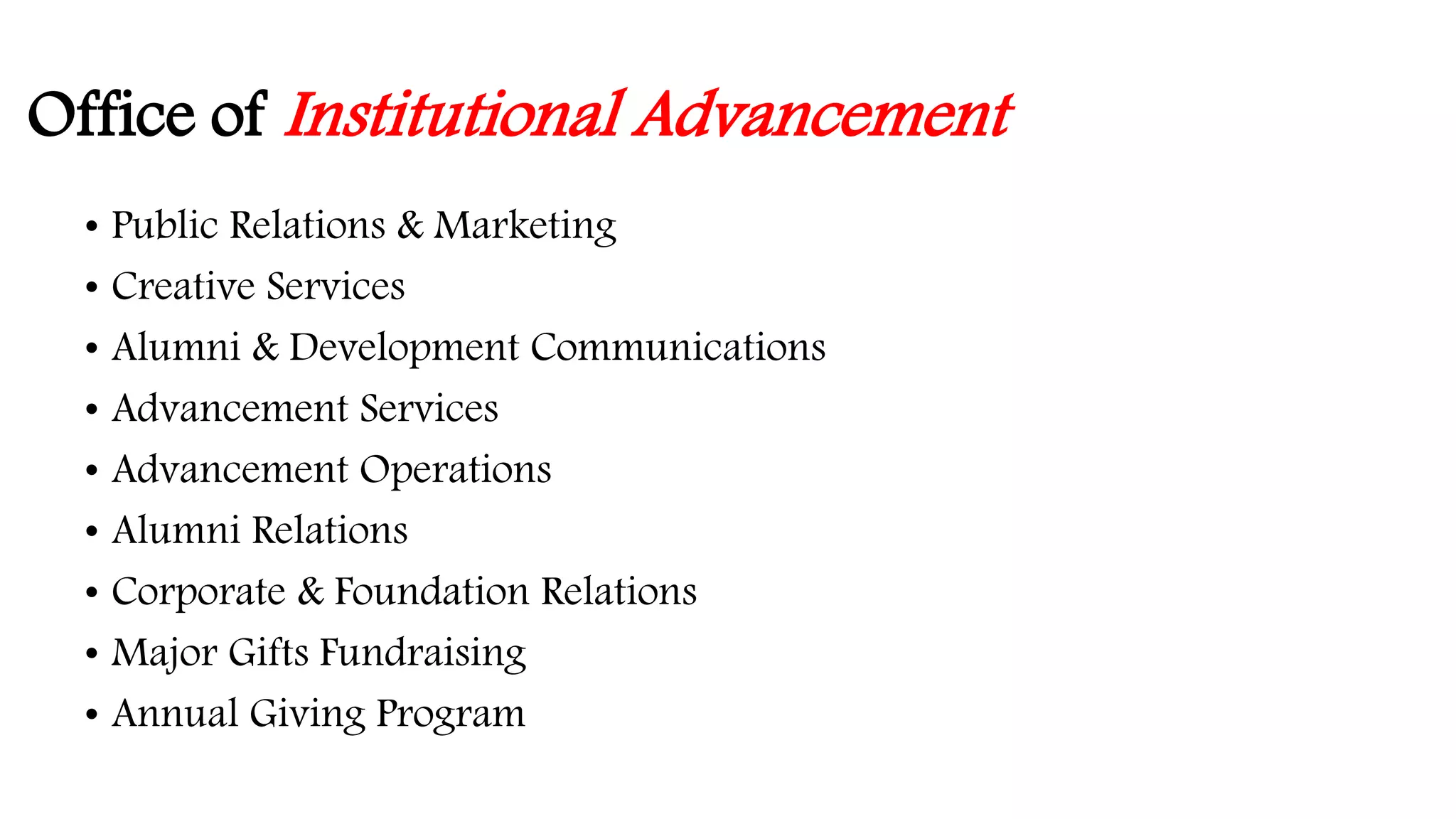 Office of Institutional Advancement 
• Public Relations & Marketing 
• Creative Services 
• Alumni & Development Communications 
• Advancement Services 
• Advancement Operations 
• Alumni Relations 
• Corporate & Foundation Relations 
• Major Gifts Fundraising 
• Annual Giving Program 
 