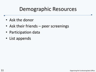 Ask the donorAsk their friends – peer screeningsParticipation dataList appendsDemographic Resources
