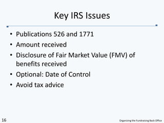 Publications 526 and 1771Amount received Disclosure of Fair Market Value (FMV) of benefits receivedOptional: Date of ControlAvoid tax adviceKey IRS Issues