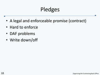 A legal and enforceable promise (contract)Hard to enforceDAF problemsWrite down/offPledges