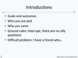 Goals and outcomesWho you are and Why you cameGround rules: Interrupt, there are no silly questionsDifficult problem: I have a friend who…Introductions