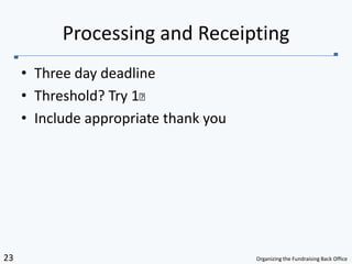 Three day deadlineThreshold? Try 1₵Include appropriate thank youProcessing and Receipting