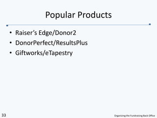 Raiser’s Edge/Donor2DonorPerfect/ResultsPlusGiftworks/eTapestryPopular Products