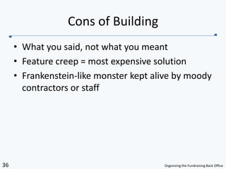 What you said, not what you meantFeature creep = most expensive solutionFrankenstein-like monster kept alive by moody contractors or staffCons of Building