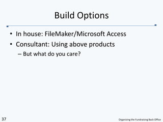 In house: FileMaker/Microsoft Access Consultant: Using above productsBut what do you care?Build Options
