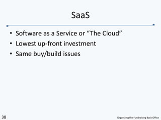 Software as a Service or “The Cloud”Lowest up-front investmentSame buy/build issuesSaaS