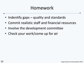 Indentify gaps – quality and standardsCommit realistic staff and financial resourcesInvolve the development committeeCheck your work/come up for airHomework