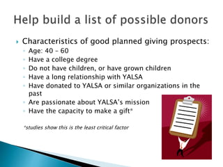  Characteristics of good planned giving prospects:
◦ Age: 40 – 60
◦ Have a college degree
◦ Do not have children, or have grown children
◦ Have a long relationship with YALSA
◦ Have donated to YALSA or similar organizations in the
past
◦ Are passionate about YALSA’s mission
◦ Have the capacity to make a gift*
*studies show this is the least critical factor
 